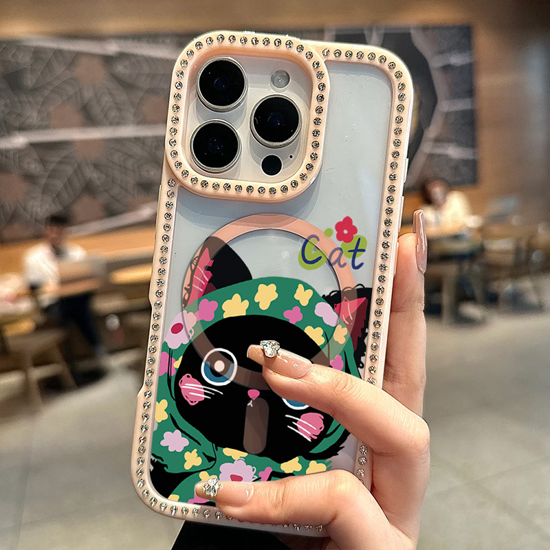 适用于苹果17promax手机壳16新款镶钻iPhone15Promax可爱绿头巾猫咪高级感14plus轻奢13pro防摔12小众11女款