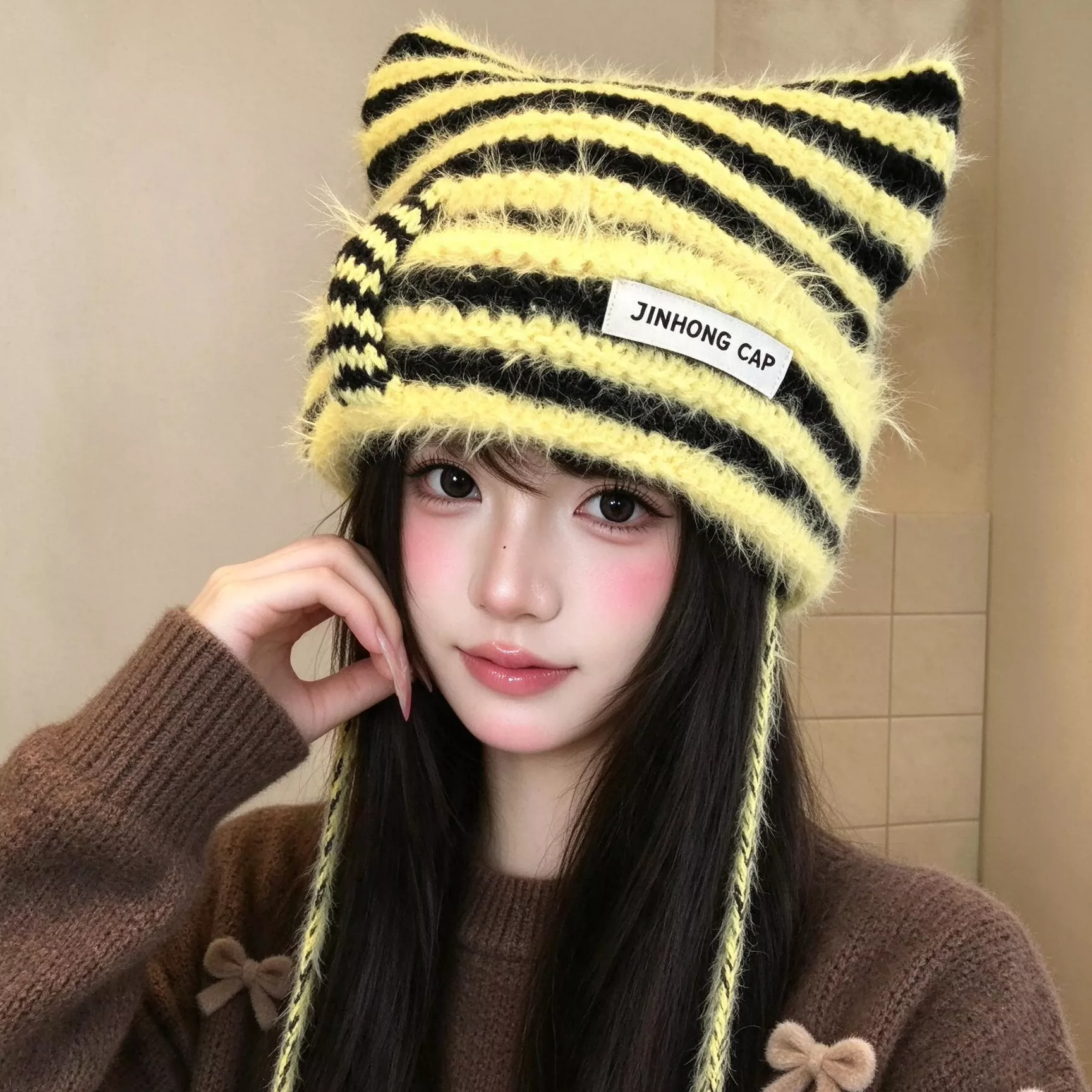可爱立体猫耳条纹毛线帽