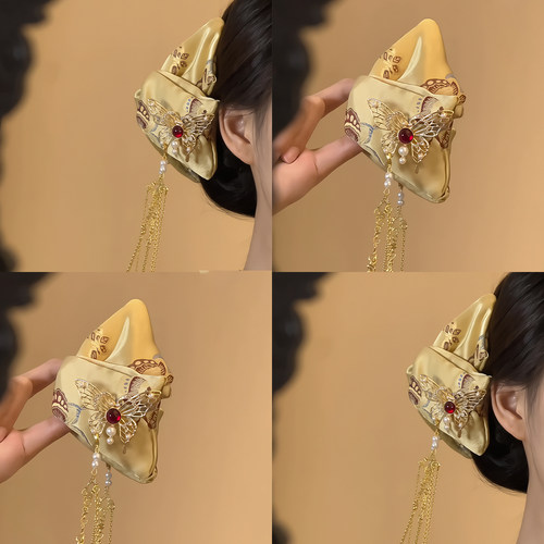 锦绣阁！新中式黄色蝴蝶流苏抓夹