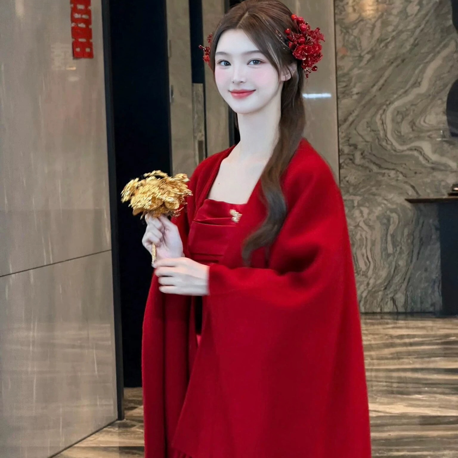 中式婚礼红色斗篷披肩流苏大披巾