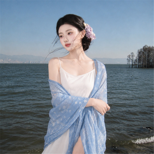 蓝色腰果花薄纱披肩防晒丝巾