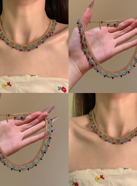 楼兰少女！新中式红蓝撞色串珠项链复古国风气质锁骨链颈链拎环女