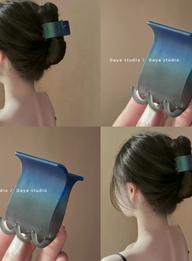 蓝色傍晚！雾面渐变马尾抓夹小众高级感法式气质发量多旅行鲨鱼夹