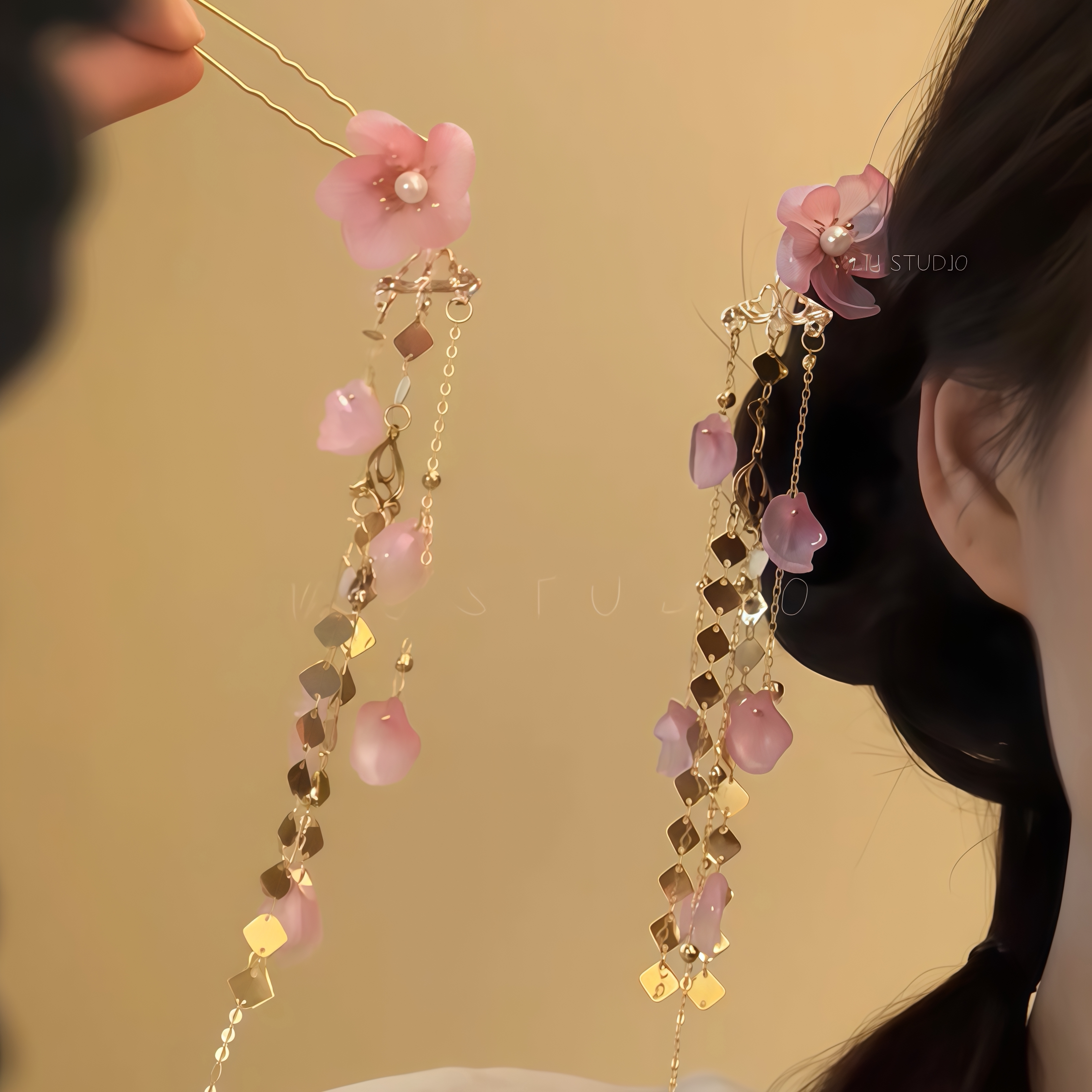 十里桃花酿!新中式粉色流苏发簪