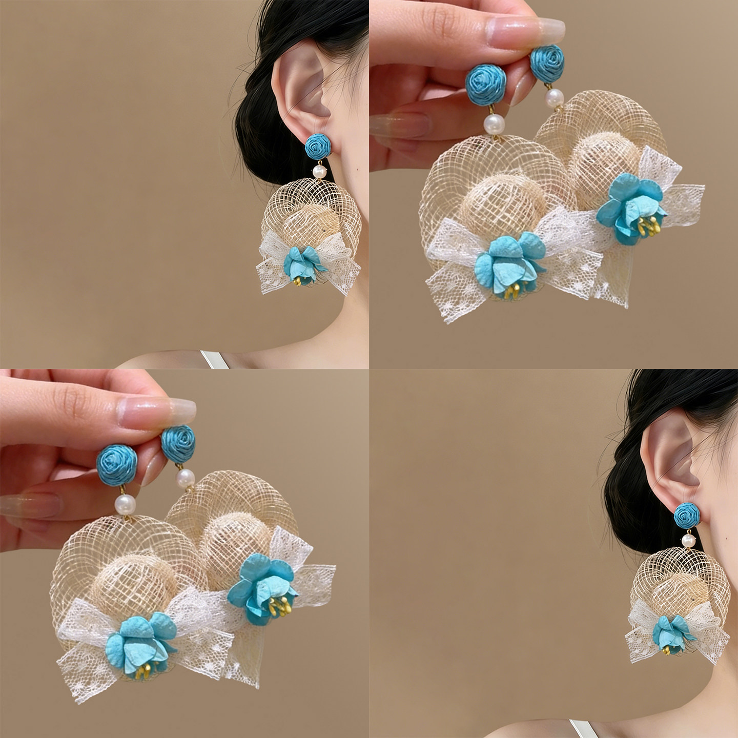 度假风绝美蓝色蕾丝蝴蝶结耳钉