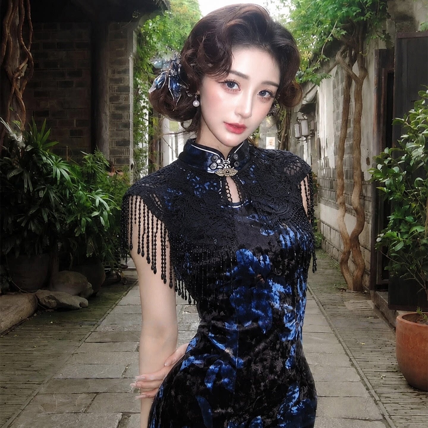 民国清冷大小姐风！黑色蕾丝披肩