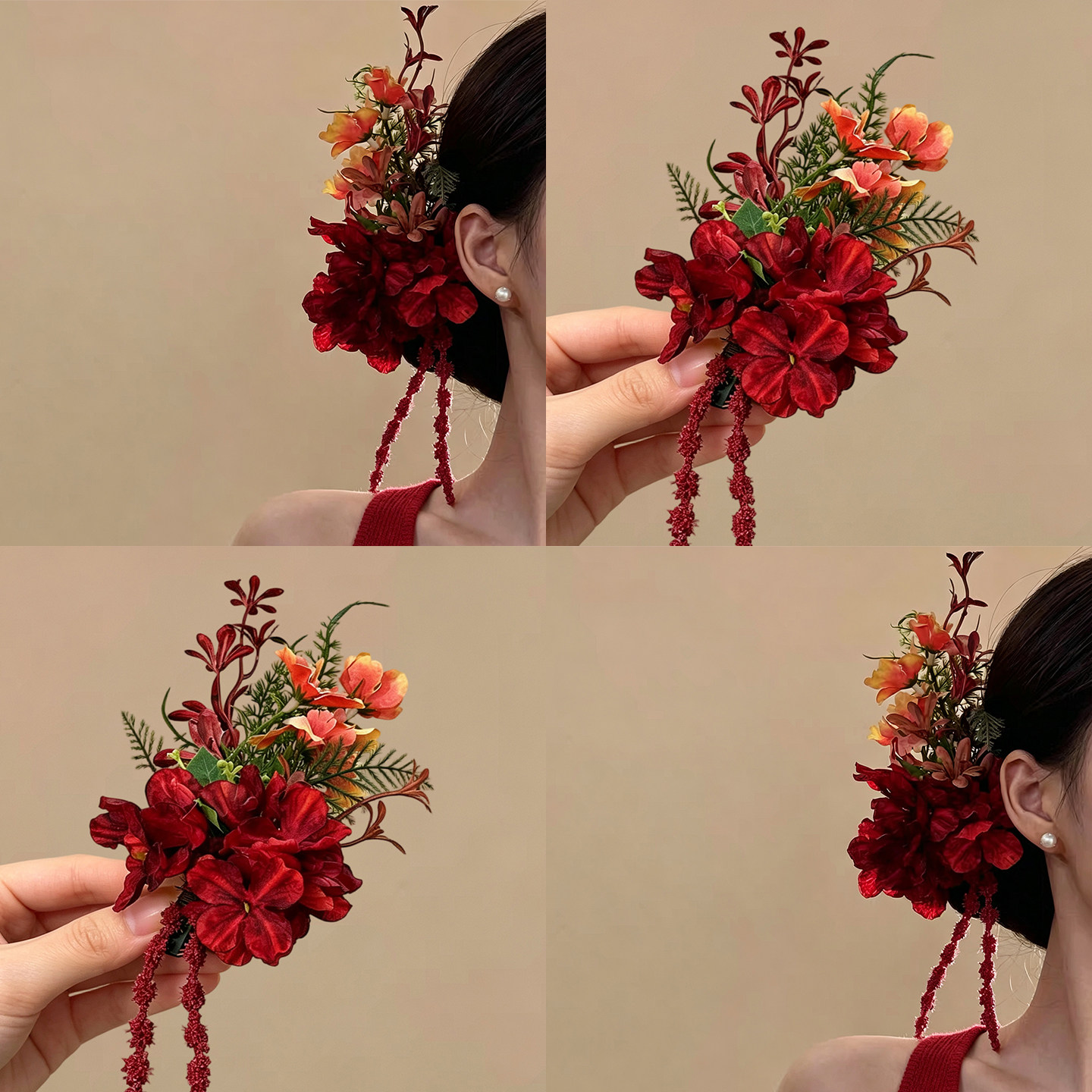 灼灼花嫁!新中式红色花朵发卡