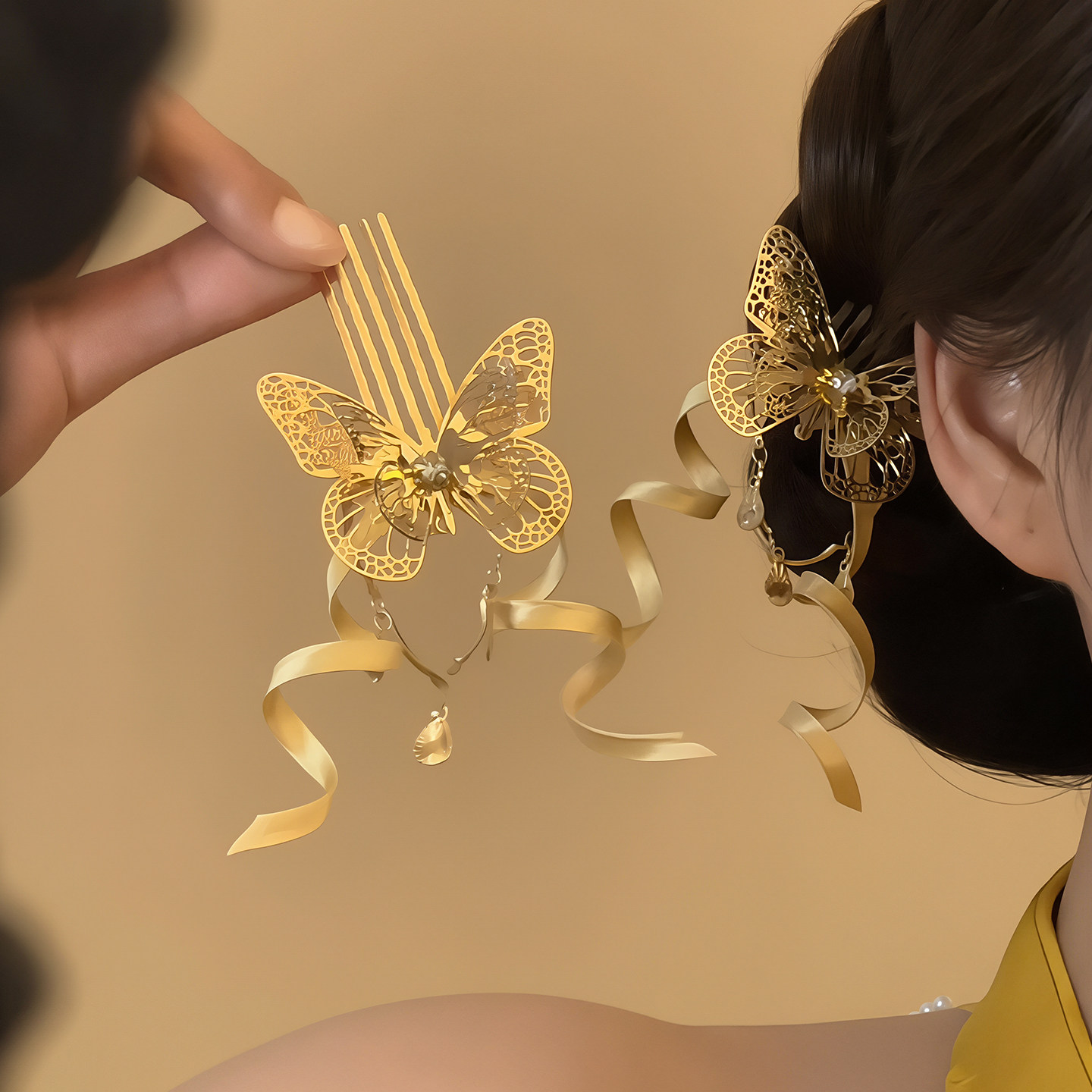 金銮和鸣!新中式金色蝴蝶发梳