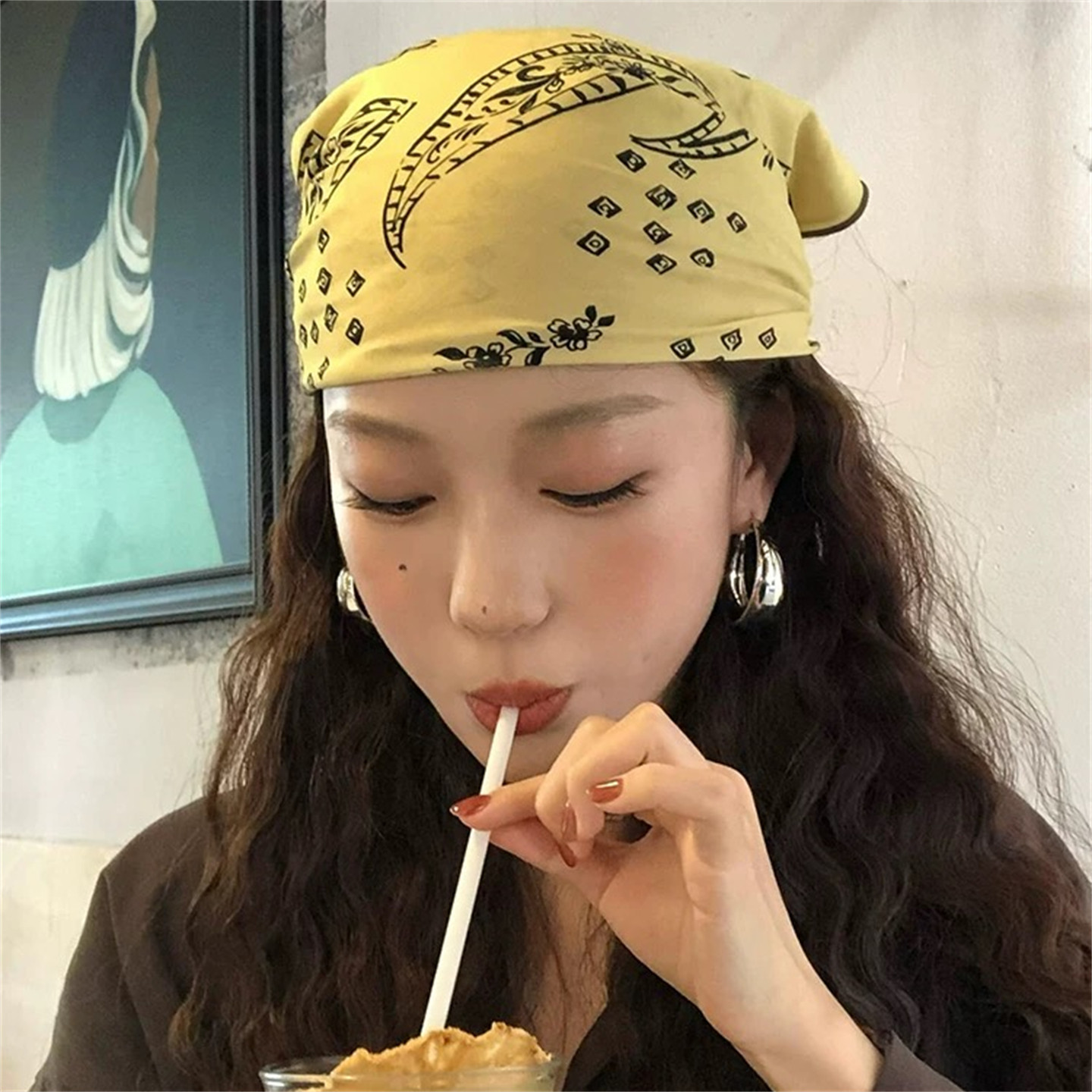美式复古黄色腰果花方巾头巾