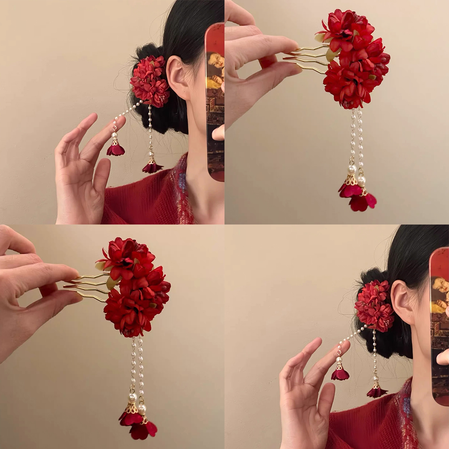 新中式红色花朵流苏发梳