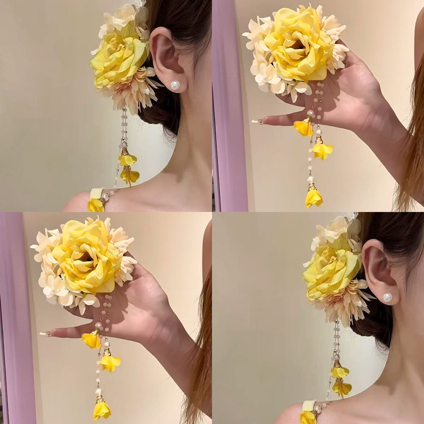 盛夏明黄黄色玫瑰珍珠流苏发夹