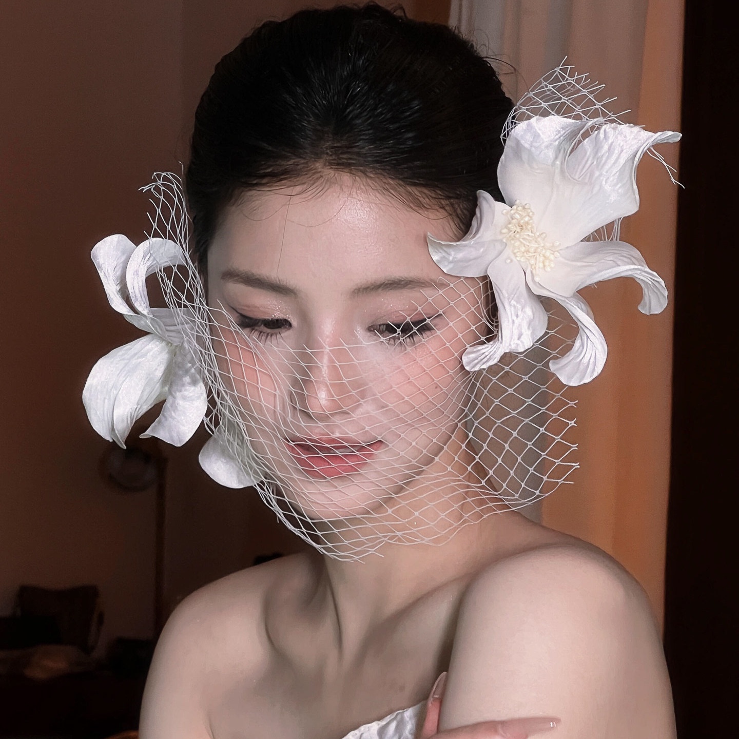 法式仿真花蕾丝镂空面纱头纱