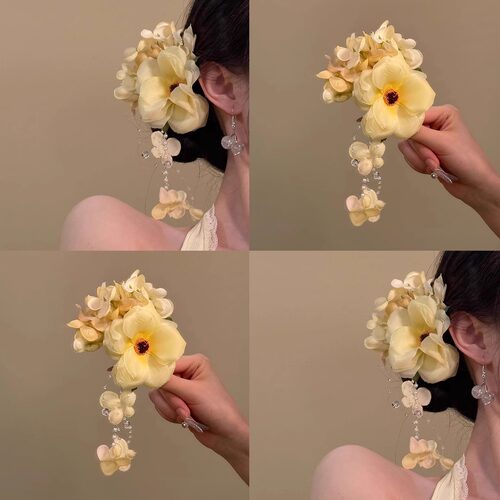 繁花若梦！超仙黄色流苏花朵发夹