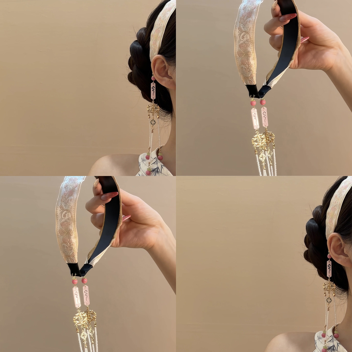 芳韵袅袅！粉色宋锦刺绣流苏发箍
