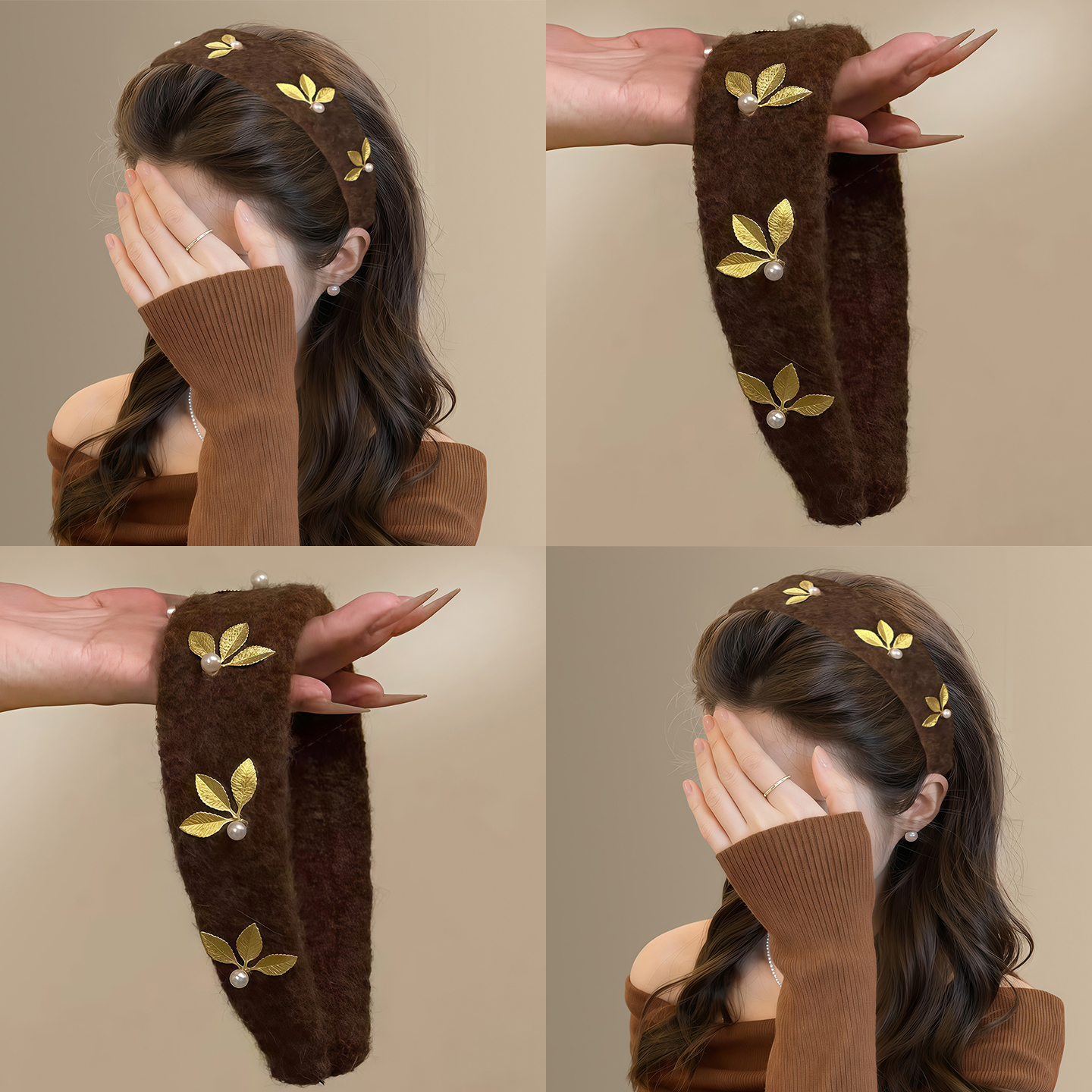鎏金枫林！秋冬新款毛呢宽边发箍复古美拉德金叶珍珠头箍旅行发卡