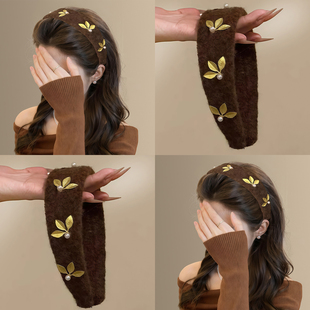 鎏金枫林！秋冬新款毛呢宽边发箍复古美拉德金叶珍珠头箍旅行发卡