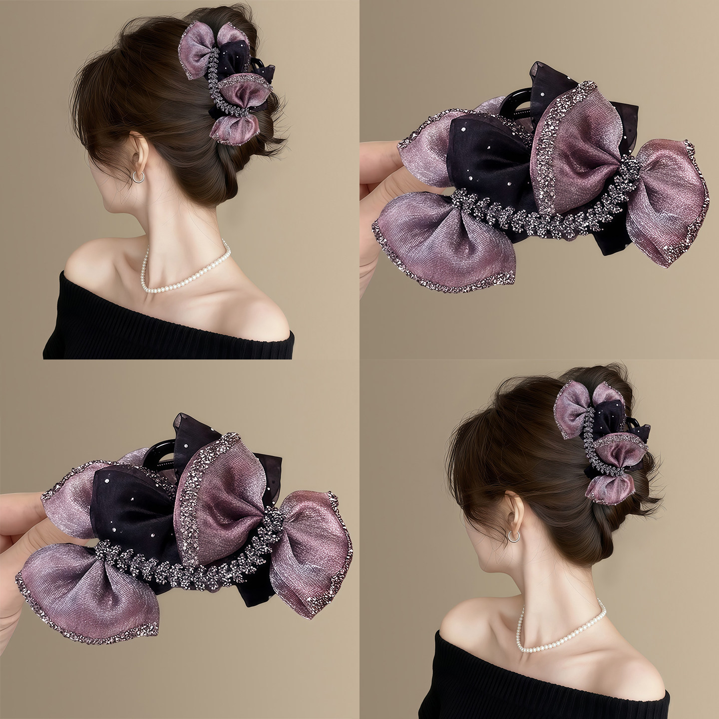 暮色鸢尾~法式轻奢麦穗水钻抓夹气质紫色AB面网纱鲨鱼夹头巾遮耳