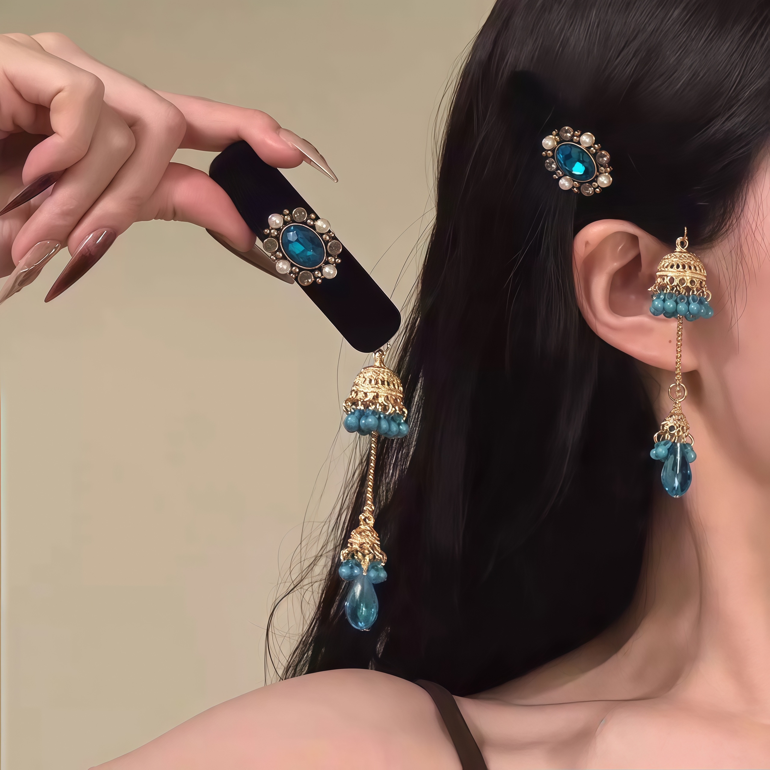 水晶蓝！民族风蓝色水滴流苏发夹