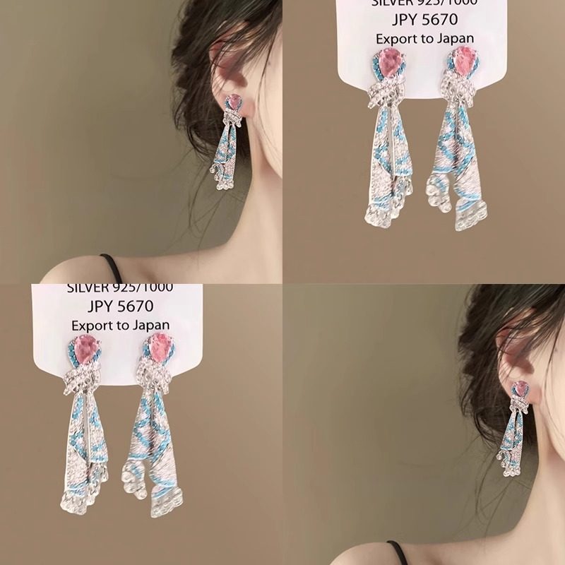 缎绸花色！长款锆石流苏耳环！女法式重工耳钉氛围感气质耳饰拎环