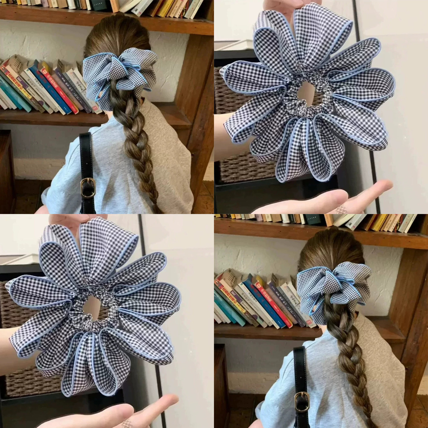 可盐可甜~蓝边格纹花朵大肠发圈