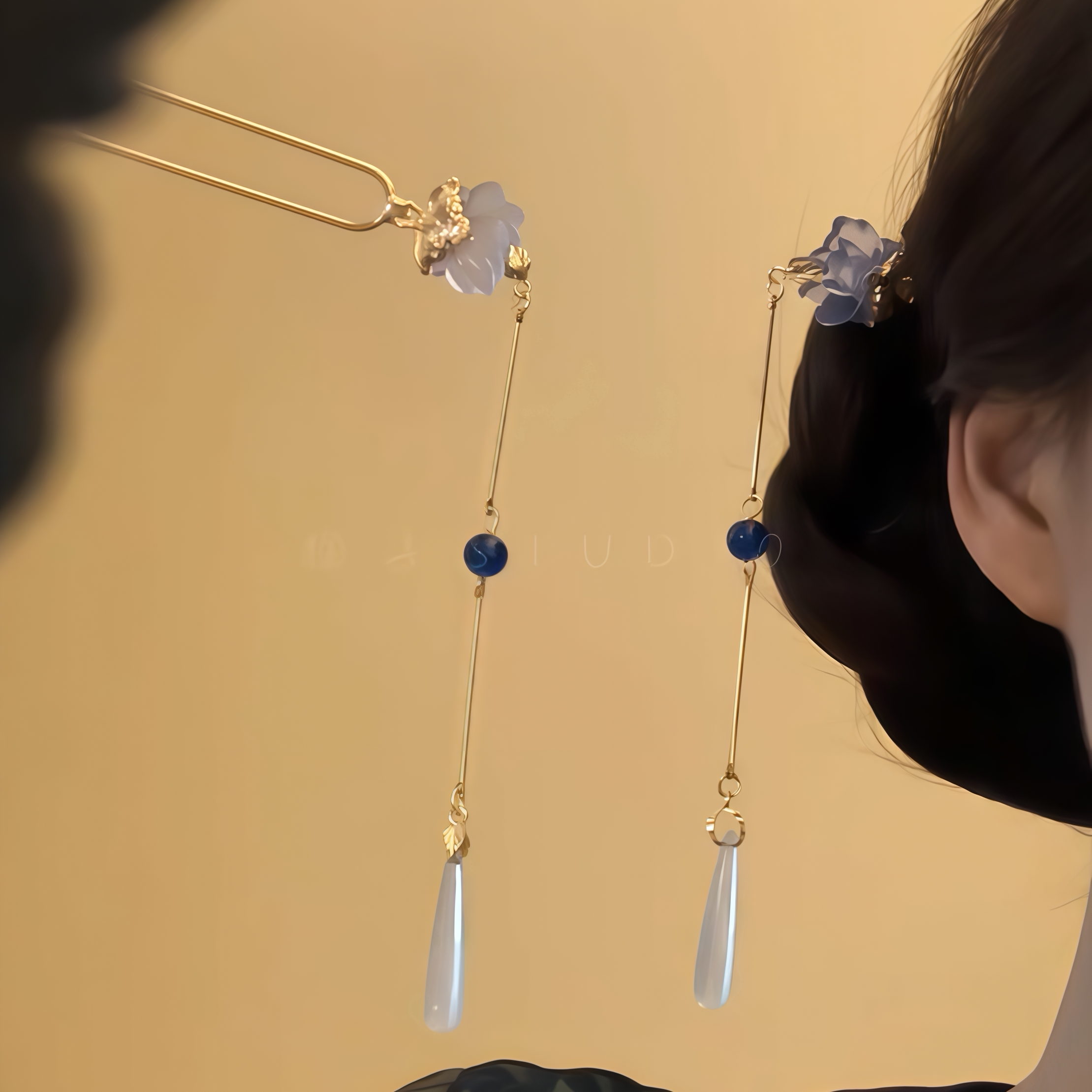 古风蓝花朵蓝色串珠流苏u型发簪