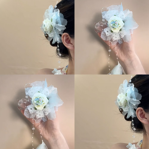 兰亭絮！清新蓝色花朵流苏发卡