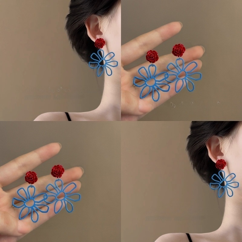 紅藍撞色！熱情玫瑰氣質花朵耳環