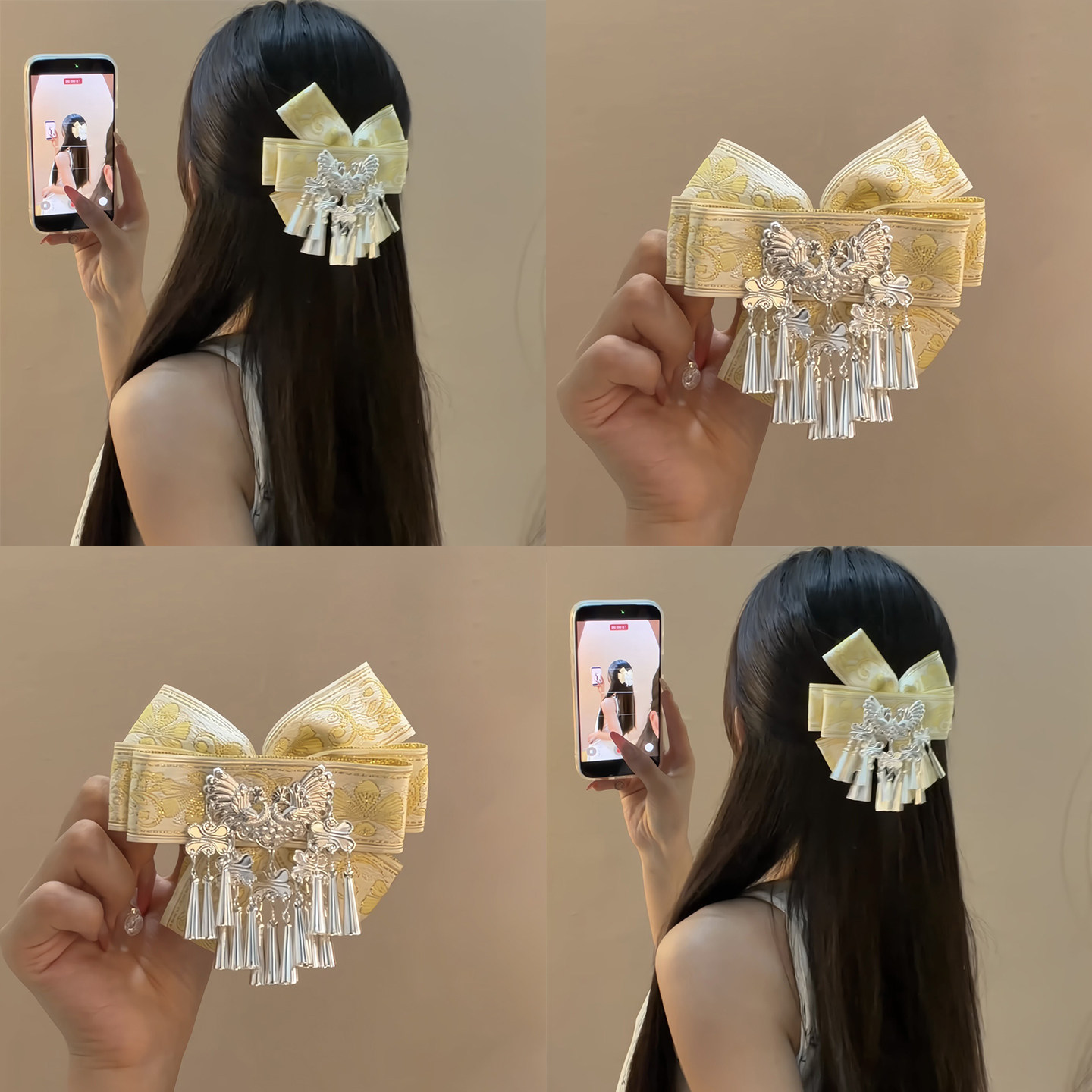 锦绣韶华!黄底织锦蝴蝶结发夹