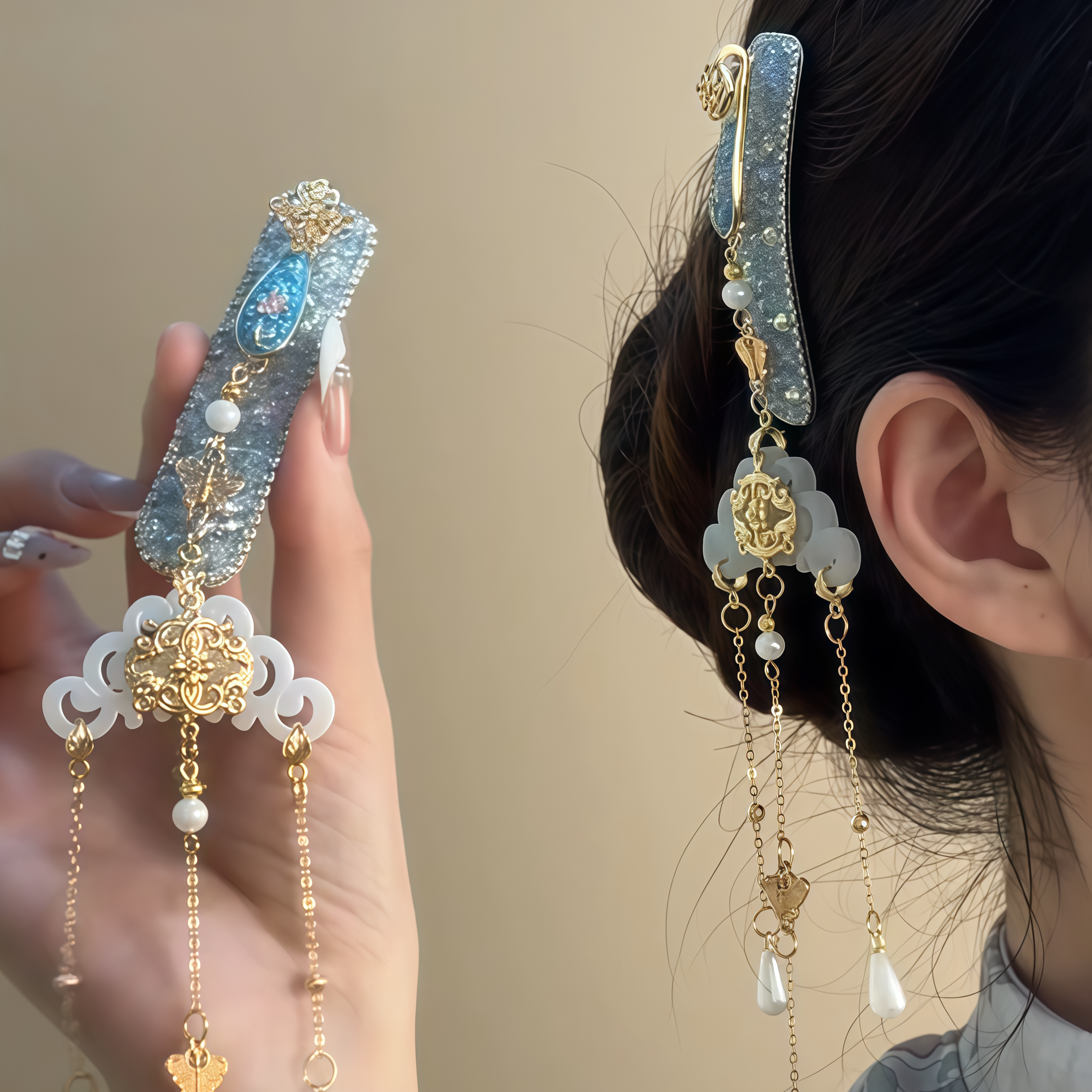 风华绝代！新中式蓝色水钻如意流苏发夹古风旗袍百搭碎发旅行头饰