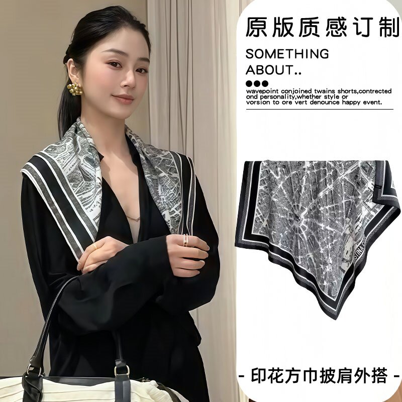 黑色印花小方巾女士成熟感气质外搭披肩2026新颈部护颈小披风丝巾