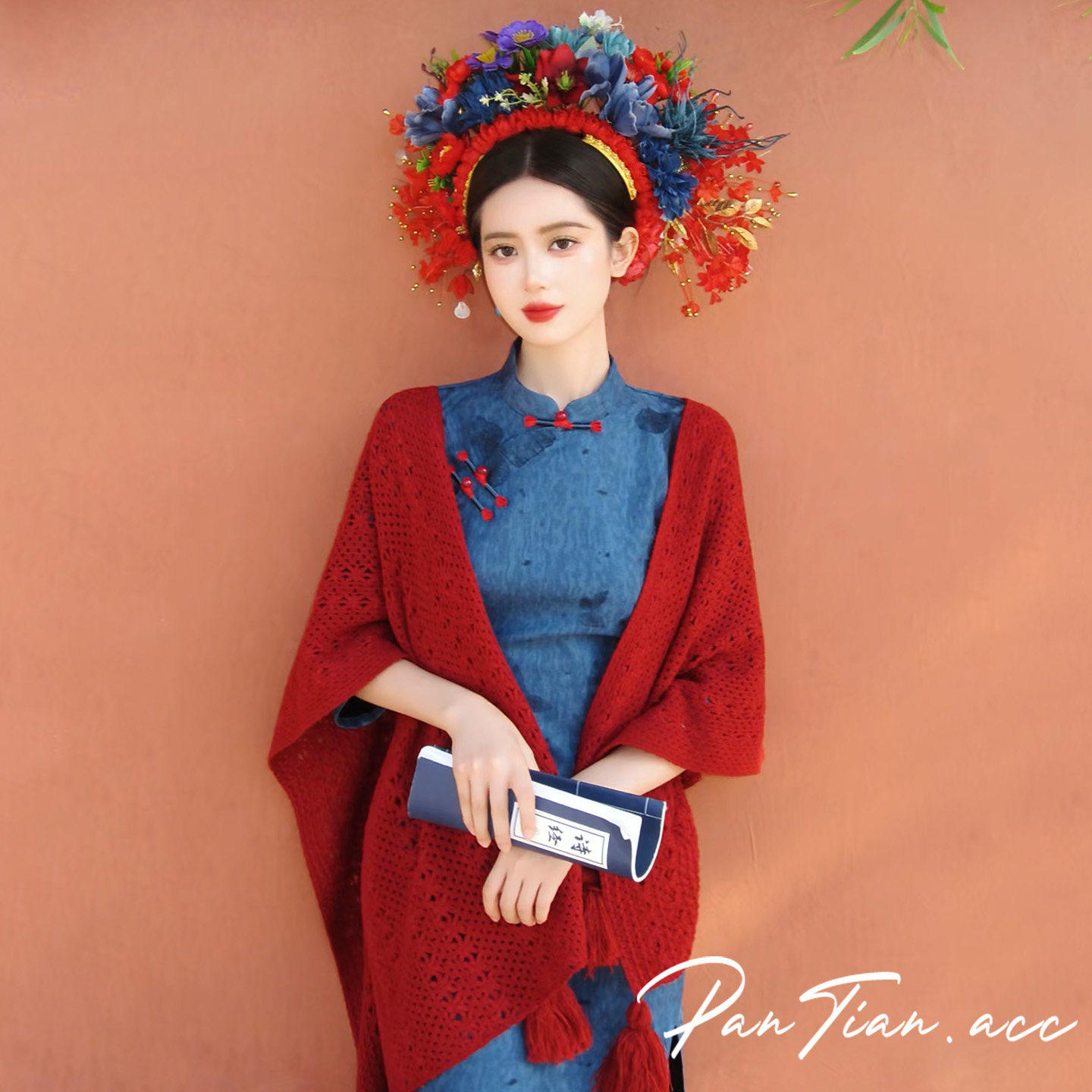 民族风大气红色针织披肩开衫配旗袍2026新款新年喜庆显白披风外搭