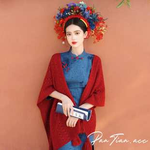 民族风大气红色针织披肩开衫配旗袍2026新款新年喜庆显白披风外搭