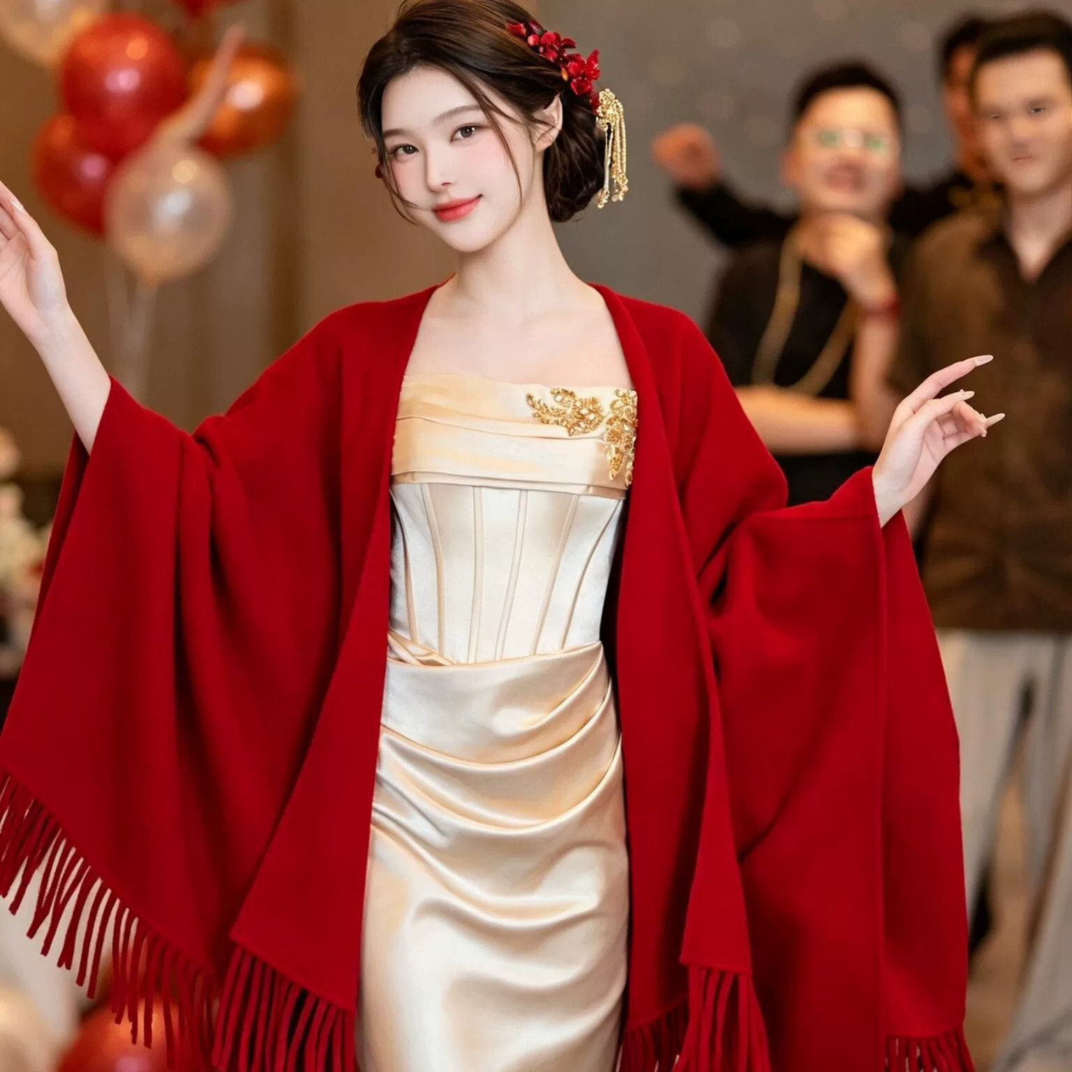 婚宴氛围感神器~正红色针织披肩