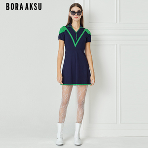 BORAAKSU2023春季新品复古减龄短袖POLO领针织连衣裙B1DBW04160