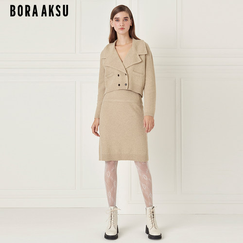 BORAAKSU羊毛米咖针织包臀半裙