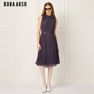印花连衣裙B1FCW64500 蝴蝶结压褶无袖 BORAAKSU2025初夏新品 法式