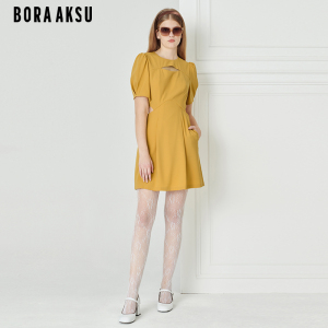 BORAAKSU2023夏季新品三醋纤泡泡袖甜美A字褶裥连衣裙B1DDW64910