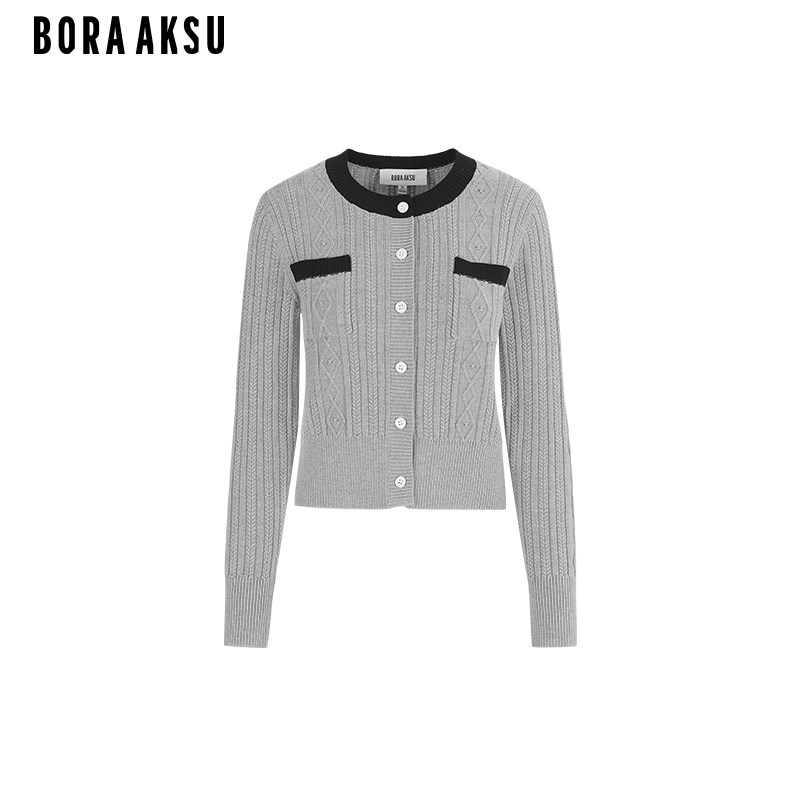 BORAAKSU2024秋季新品简约圆领经典麻花织法羊毛开衫B1EHW08340