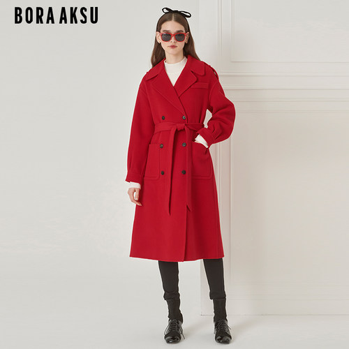 BORAAKSU翻领系带中长款毛呢大衣