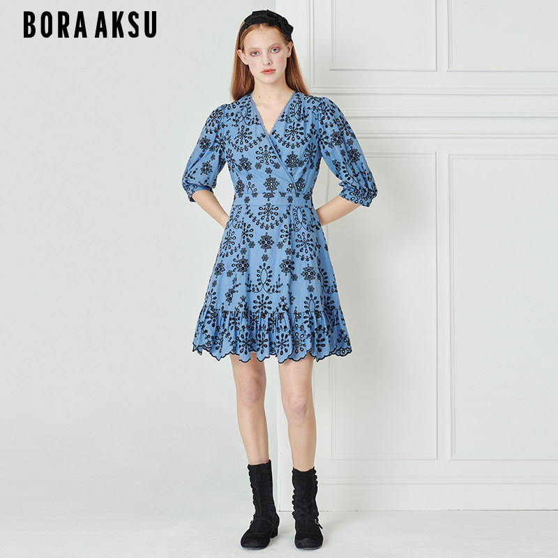 BORAAKSU雾蓝镂空刺绣连衣裙