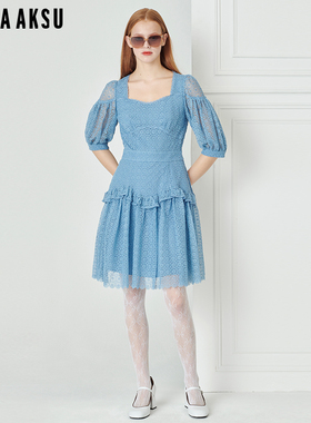 BORAAKSU2023初夏新品法式复古方领荷叶边蕾丝连衣裙B1DCW63160