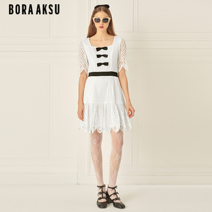 BORAAKSU2024初夏新品 黑白拼色蝴蝶结蕾丝日常礼服裙B1ECW63040