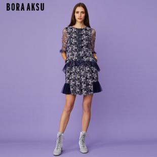BORAAKSU2021夏季 透视花朵刺绣网纱礼服小众连衣裙B1BB65798 新款