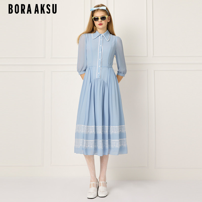 BORAAKSU娃娃领泡泡袖花边装饰衬衫式褶裥静谧蓝连衣裙B1FCW61900