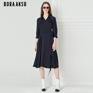 BORAAKSU2023初夏新品法式茶歇醋纤泡泡袖藏蓝色连衣裙B1DBW62550