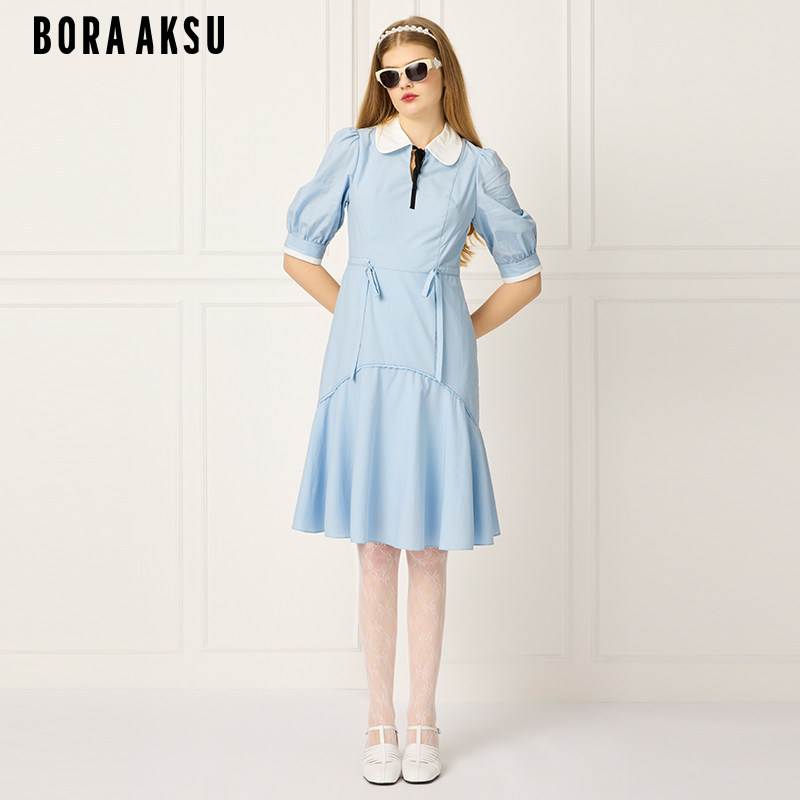 BORAAKSU2026夏季新品莱赛尔棉混纺泡泡袖波浪摆连衣裙B1FCW61640