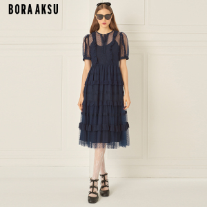 BORAAKSU2024初夏新品复古泡泡袖层叠花边装饰连衣裙B1ECW63660