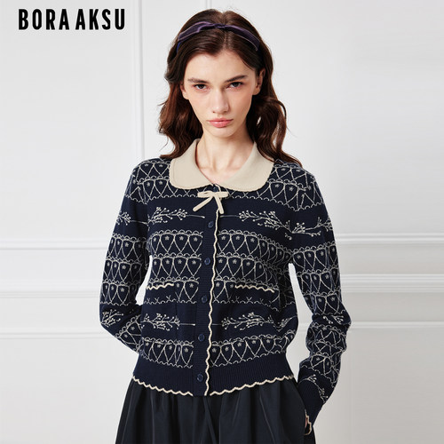 BORAAKSU藏蓝色圆领提花针织开衫