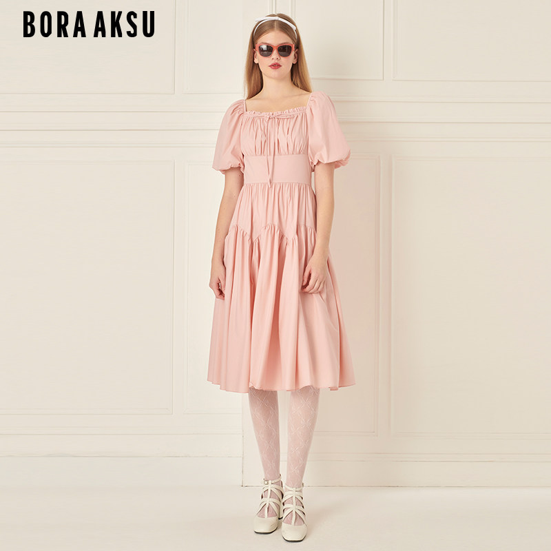 BORAAKSU2024夏季新品宫廷风钻石领褶裥豆蔻粉连衣裙B1EDW64580