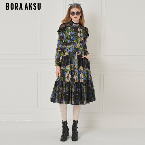 BORAAKSU网纱拼接印花褶裥连衣裙